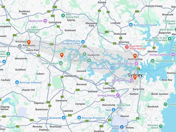 Behaviour support Greater Sydney service area map covering Sydney CBD, North Sydney, Olympic Park, and Parramatta.