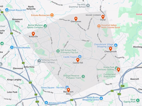 Behaviour support Hills District service area map covering Castle Hill, Cherrybrook, Dural, and Kellyville.