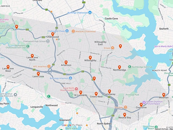 Behaviour support Lower North Shore service area map covering Chatswood, Lane Cove, Willoughby, and Mosman.