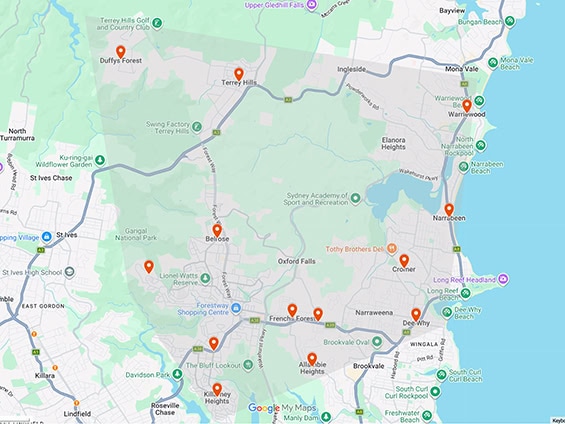 Behaviour support Northern Beaches service area map covering Frenchs Forest, Belrose, Dee Why, and Narrabeen.
