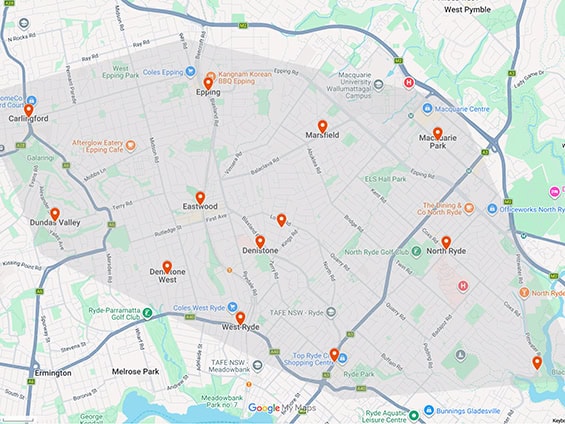 Behaviour support Ryde and Northern Districts service area map covering Macquarie Park, Epping, Carlingford, and Eastwood.