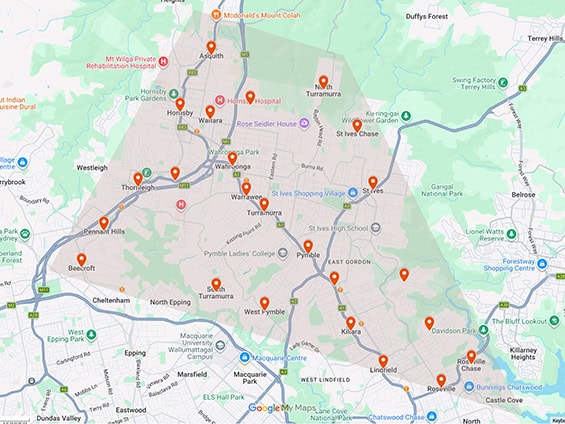 Behaviour support Upper North Shore service area map covering Gordon, Pymble, Wahroonga, St Ives, and Hornsby.